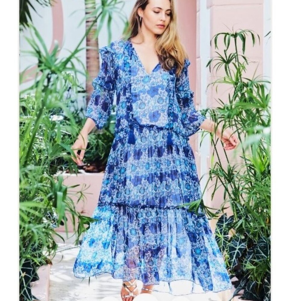 Debbie Katz Chiffon Midi Dress LARGE (12-14) Blue Paisley Tiered Flowy Boho $105